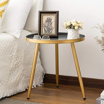 Aojezor Round Metal Side Table, Gold & Gray, Accent Nightstand