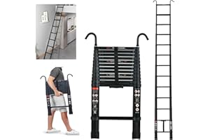 JUPITOR Telescoping Ladder 12FT Extension Ladder with 2 Detachable Roof Ladder Hooks 2.8", Collapsible Ladders for Home, Aluminum Telescopic Extendable Ladder Rv Ladder Loft Ladder, Max 330 Lb Capacity, EN131