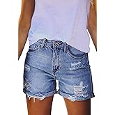 HUUSA Women's Ripped Denim Shorts High Waist Distressed Jean Shorts Casual Rolled Hem Frayed Short Jeans with Pockets