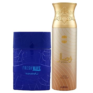 Maryaj Fresh Wave Eau De Parfum Citrus Woody Perfume 100ml for Men and Ajmal Wisal Deodorant Floral Musky Fragrance 200ml for Women + 2 Parfum Testers FREE