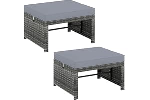 CHEFJOY Outdoor Ottomans, Set of 2 PE Rattan Foot Stool w/Soft Zippered Cushions, Multipurpose Patio Ottomans, Outdoor Furniture for Backyard, Additional Seating, Footrest, Side Table (Gray)