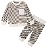 Gobuuly Baby Boy Fall Outfits Waffle Striped Toddler Boy Sweatshirt Pullover Tops Pants Infant Baby Fall Winter Clothes