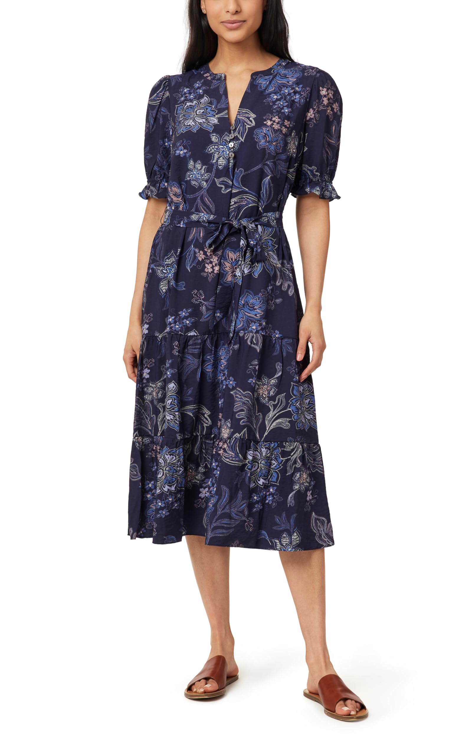 Angels Forever Young Women's Ainslie Belted Tiered Midi Dress, Madeline Botanical Floral, 3X