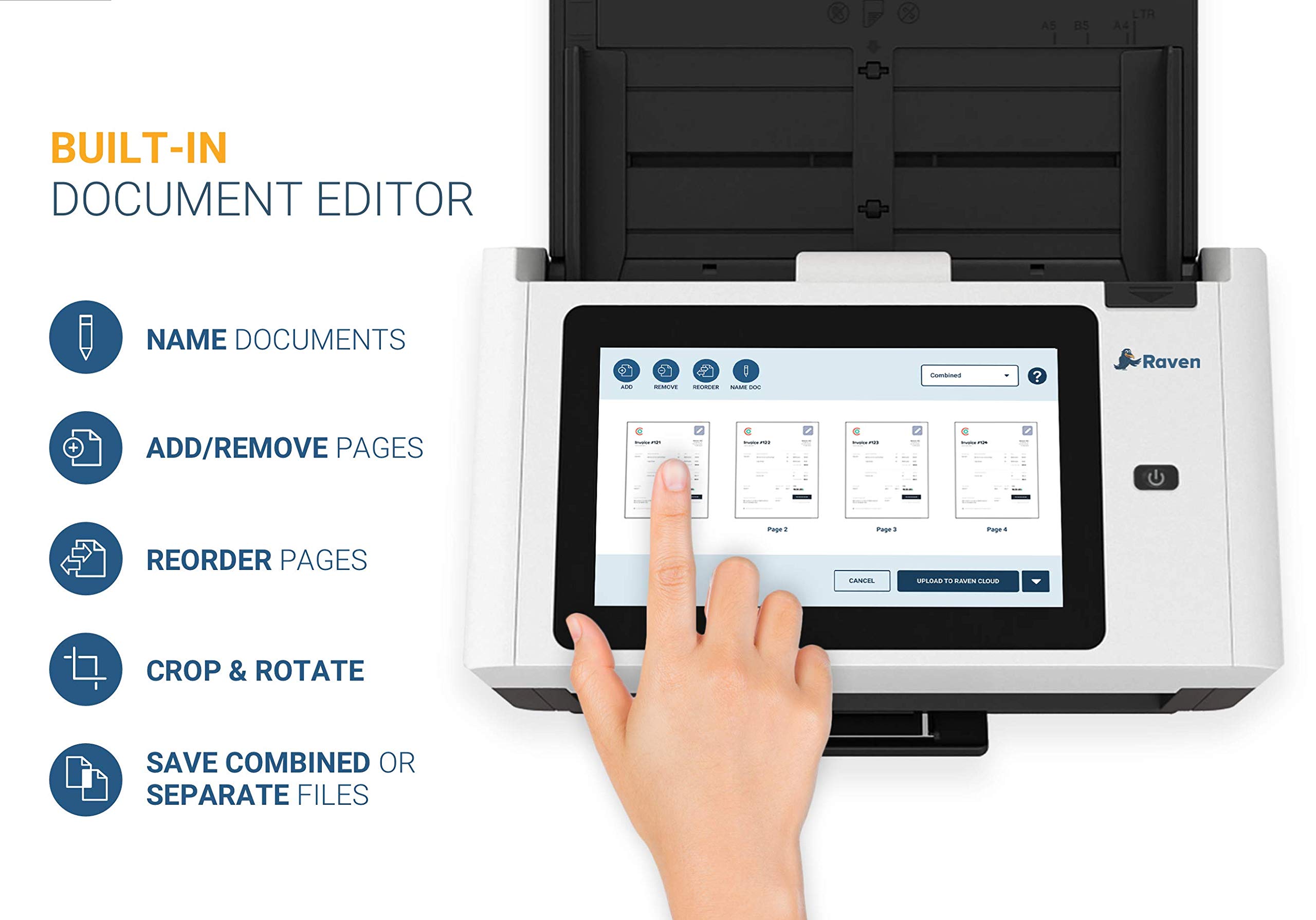 Raven Pro Document Scanner - Huge Touchscreen, High Speed Color Duplex Feeder (ADF), Wireless Scan to Cloud, WiFi, Ethernet, USB, Home or Office Desktop