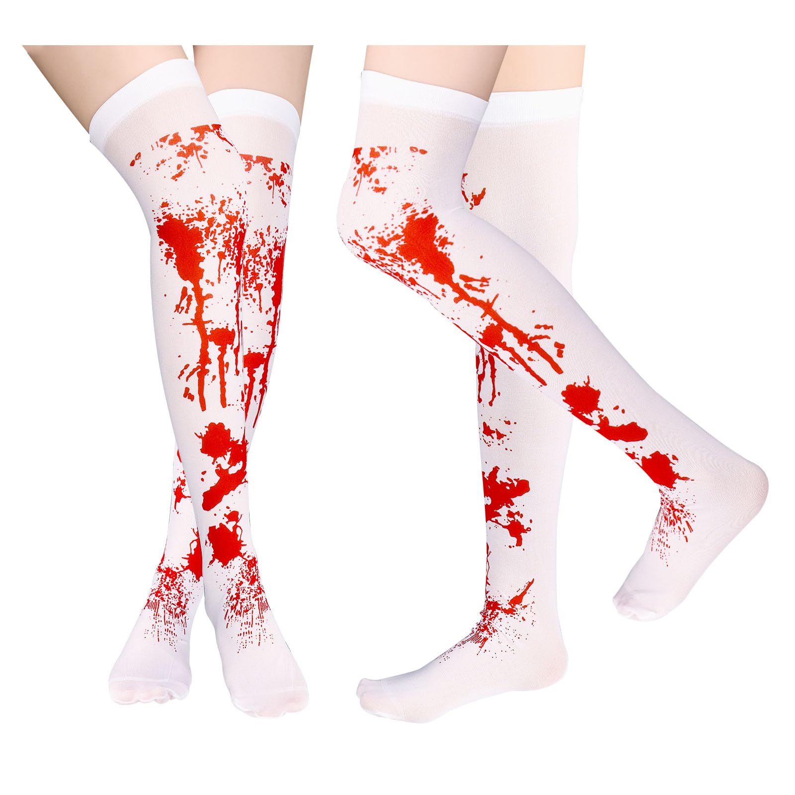 Photo 1 of 2Pairs Halloween Bloody Stockings Women's High Socks for Cosplay - Vivid Horror Blood Stained Thigh High White Knee Socks for Party, Nurse, Zombie Decoration Costume