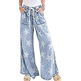 CHARTOU Women Baggy Wide Leg Drawstring Jeans Flare Elastic High Waist Star Printed Jeans Loose Denim Pants