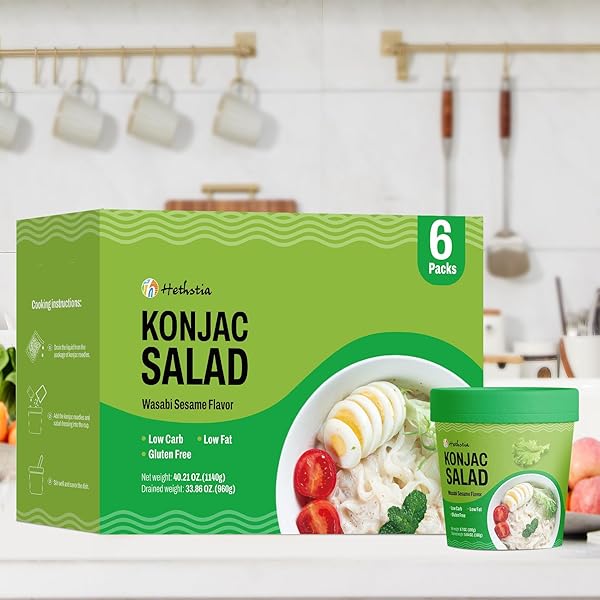 HETHSTIA KETO KONJAC NOODLE CUP, COLD SHIRATAKI FETTUCCINE WITH WASABI SESAME SAUCE, LOW CARB GLUTEN-FREE PASTA SIDE DISH, SUGAR-FREE VEGAN PRE-PACKAGED MEAL, READY TO EAT, 6.7 OZ (PACK OF 6)