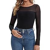 MISMI Womens Sexy Sheer Mesh Long Sleeve Tops Boat Neck Double Layered Lace Shirts Going Out Party Club Night Blouse