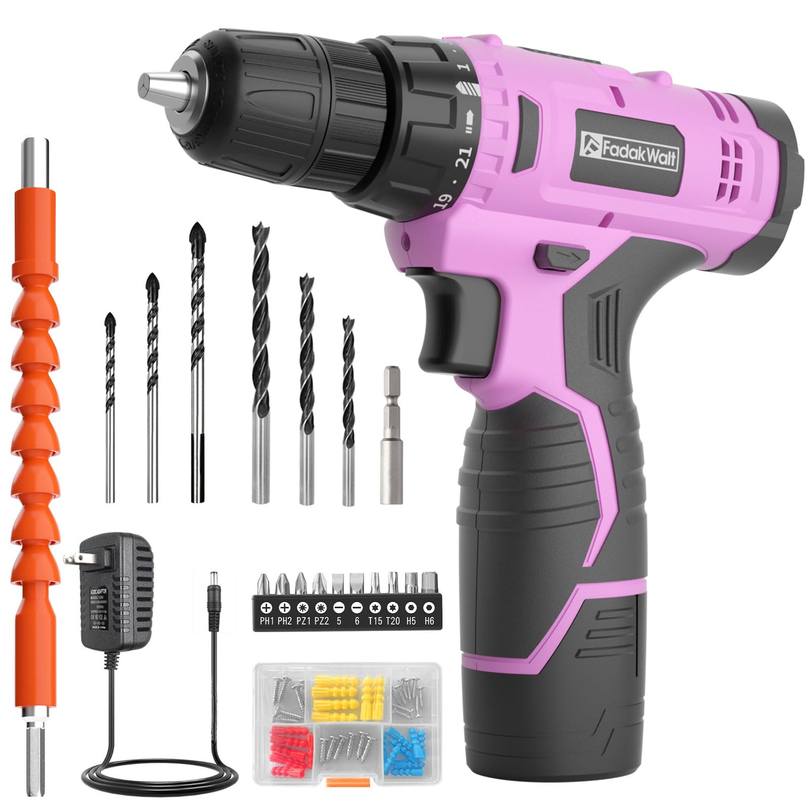 Photo 1 of FADAKWALT Cordless Drill Set, 12V Power Drill Set with Battery and Charger, 3/8'' Keyless Chuck, 21+1 Torque Setting, 180 inch-lbs, Pink Electric Drill for Women's Garden DIY Projects?Pink)