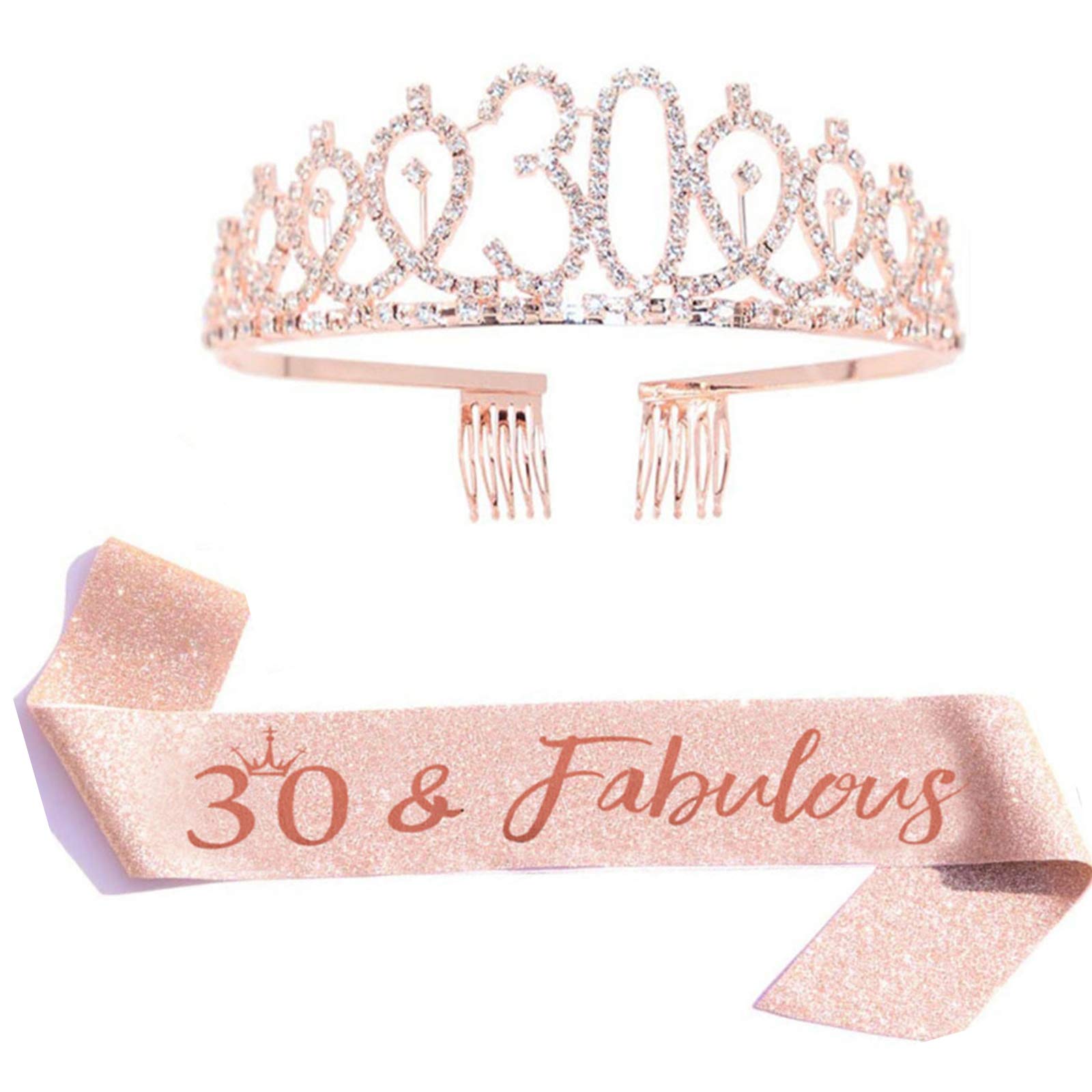 Leixi 30 and Fabulous Sash & Rhinestone Tiara Set - 30th Birthday Gifts Birthday Sash for Women Birthday Party Supplies (Rose gold)