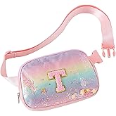 Glratn Fanny Pack for Girls,Birthday Easter Gifts,Chenille Initial Letter Girls Crossbody Bag,Preppy Teen Belt Bag for Graduation Travel Gifts,Cute Sequin Trendy Stuff. (T, Pink)