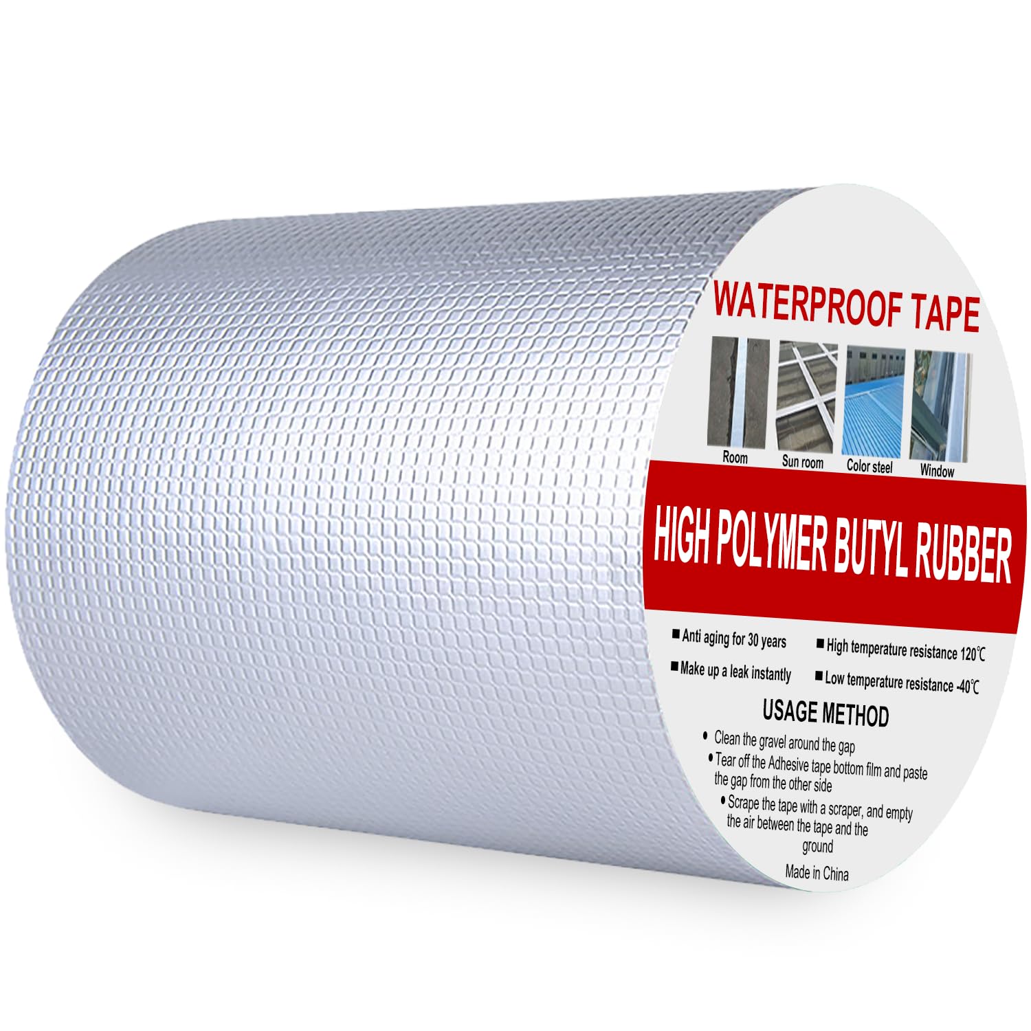 Rusoz Butyl Tape for Roof and Leak Repair, 150mm x 5m Waterproof Sealing Tape Silver Aluminum Tape for Sheds & Metal Surfaces, Boat and Pipe Sealing, Silicone, Glass