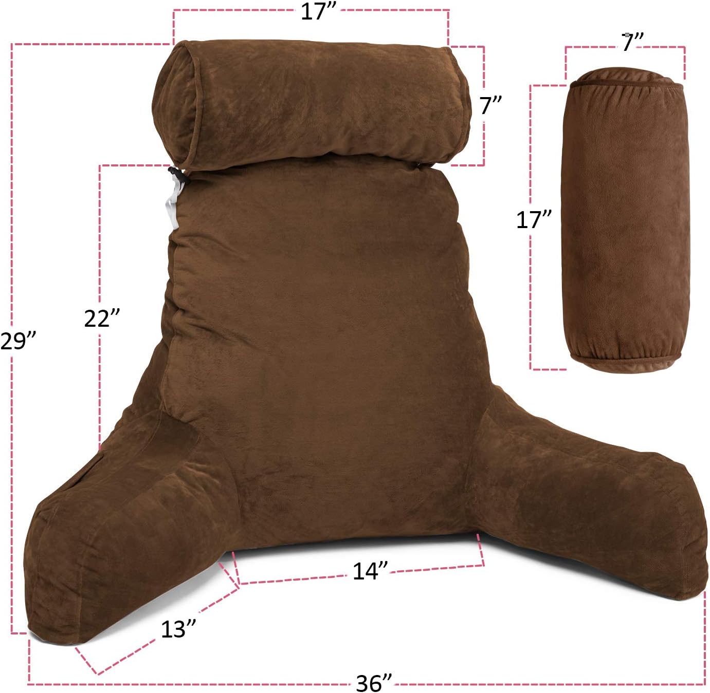 Clara Clark Bed Rest Reading Pillow with Arms and Pockets Premium Shredded Memory Foam, Detachable Neck Roll & Lumbar Support, Large, Brown: Home & Kitchen