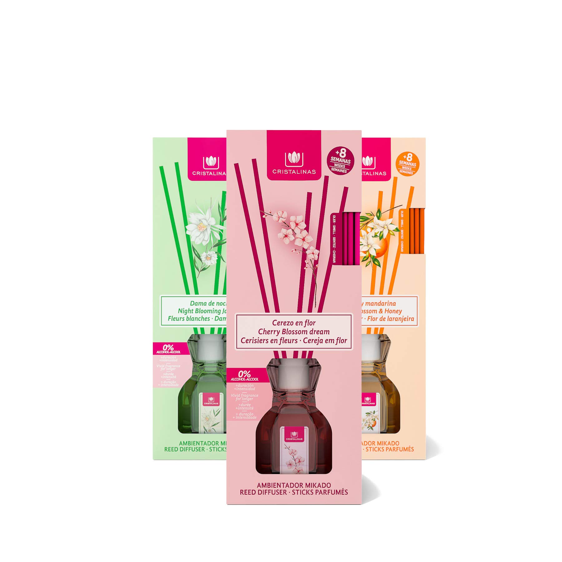 CRISTALINAS 3 Floral Air Freshener Reed Diffusers, Orange Blossom & Honey, Night Blooming Jasmine, Cherry Blossom, Pack of 3 x 40ml/8 Weeks โ image 1