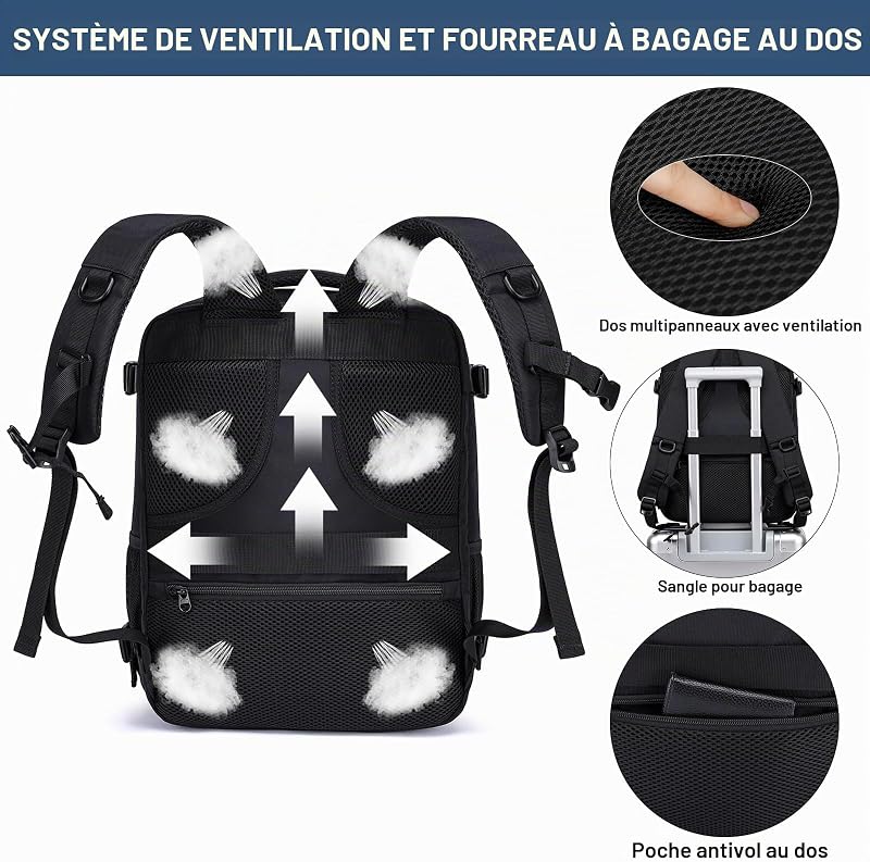 Bagage Cabine 40x30x20cm Sac a Dos Voyage Cabine Avion pour Ryanair, Transavia 24L Femme Homme Bagage à Main Sac a Dos Cabine Valise Sac à Dos pour Ordinateur Portable 14 Pouces