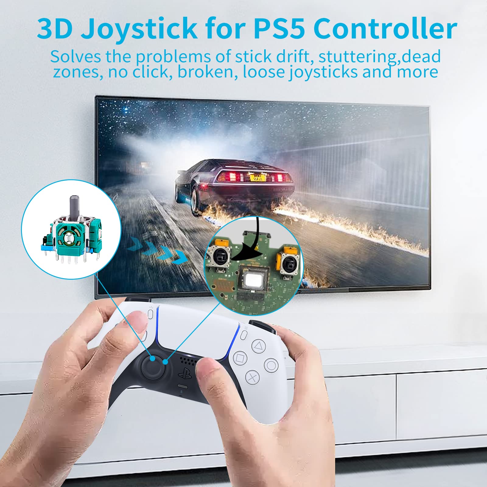 Joysticks Replacement for PS5 Controller, AOLION 3D Joystick Module Parts, 55 PCS Controller parts with 8 Potentiometer, 2 Joystick, Thumbstick, 10 Protective Ring and More black