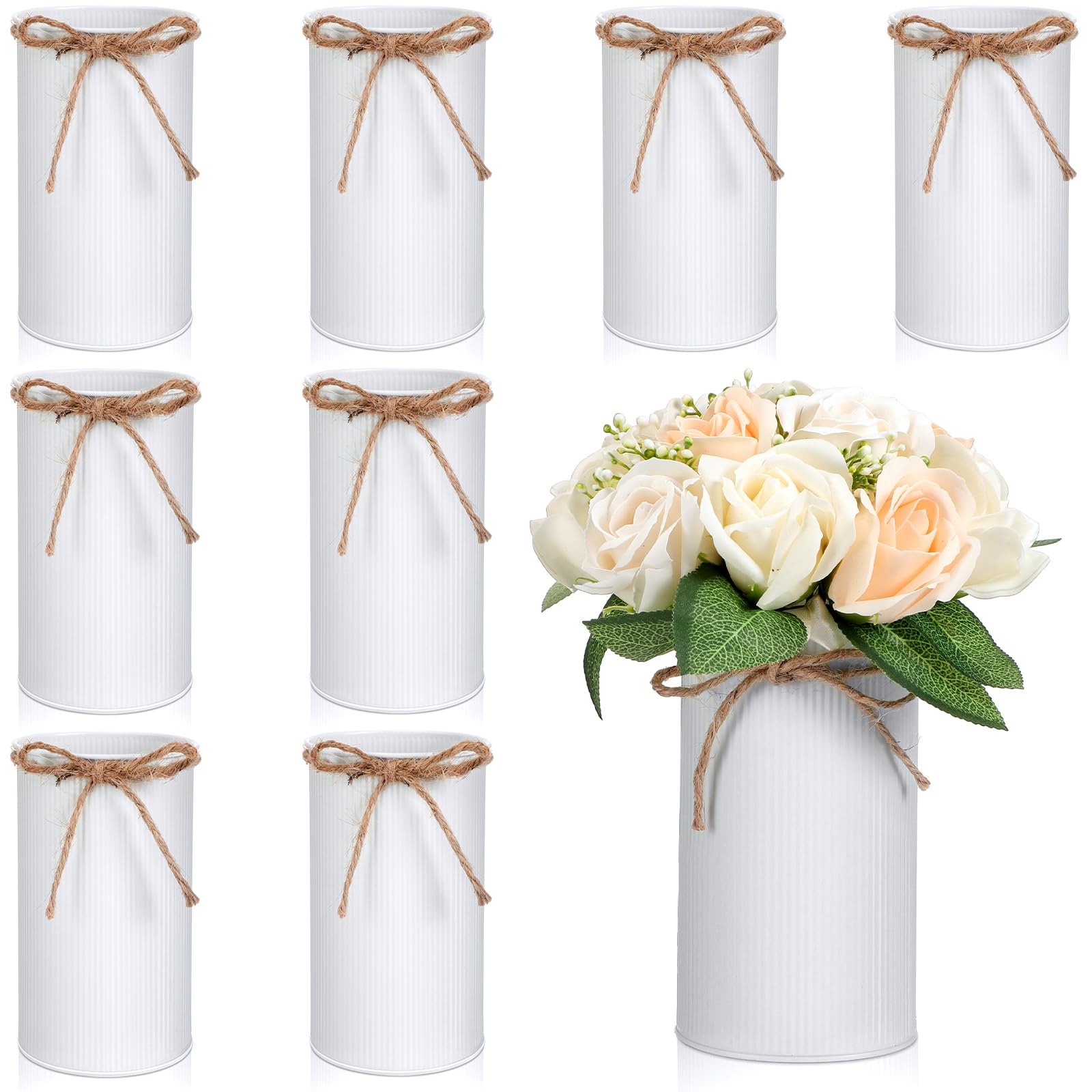 Photo 1 of Domensi 5.91 in High Farmhouse Vase Decor Galvanized Metal Flower Vase with Twine Bow Vintage Rustic Tin Flower Buckets for Artificial Floral Table Container DIY(White,8 Pcs)
