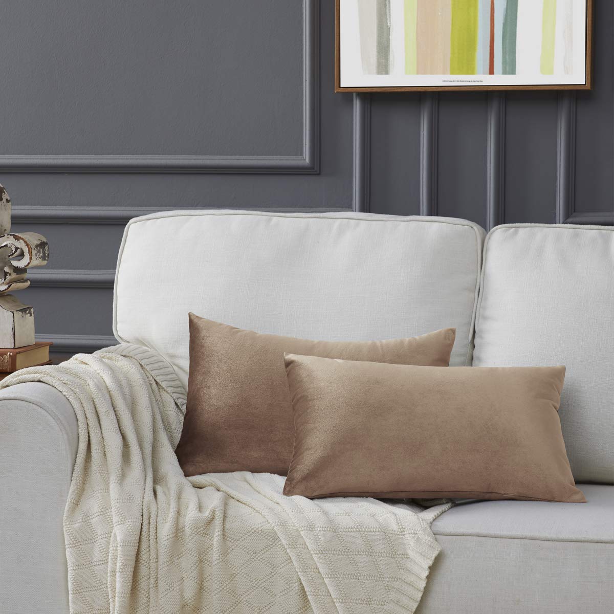 Photo 1 of GIGIZAZA Velvet Taupe Decorative Throw Pillow Covers Couch Pillow Lumbar Cushion Cover 12x20 Pack of 2