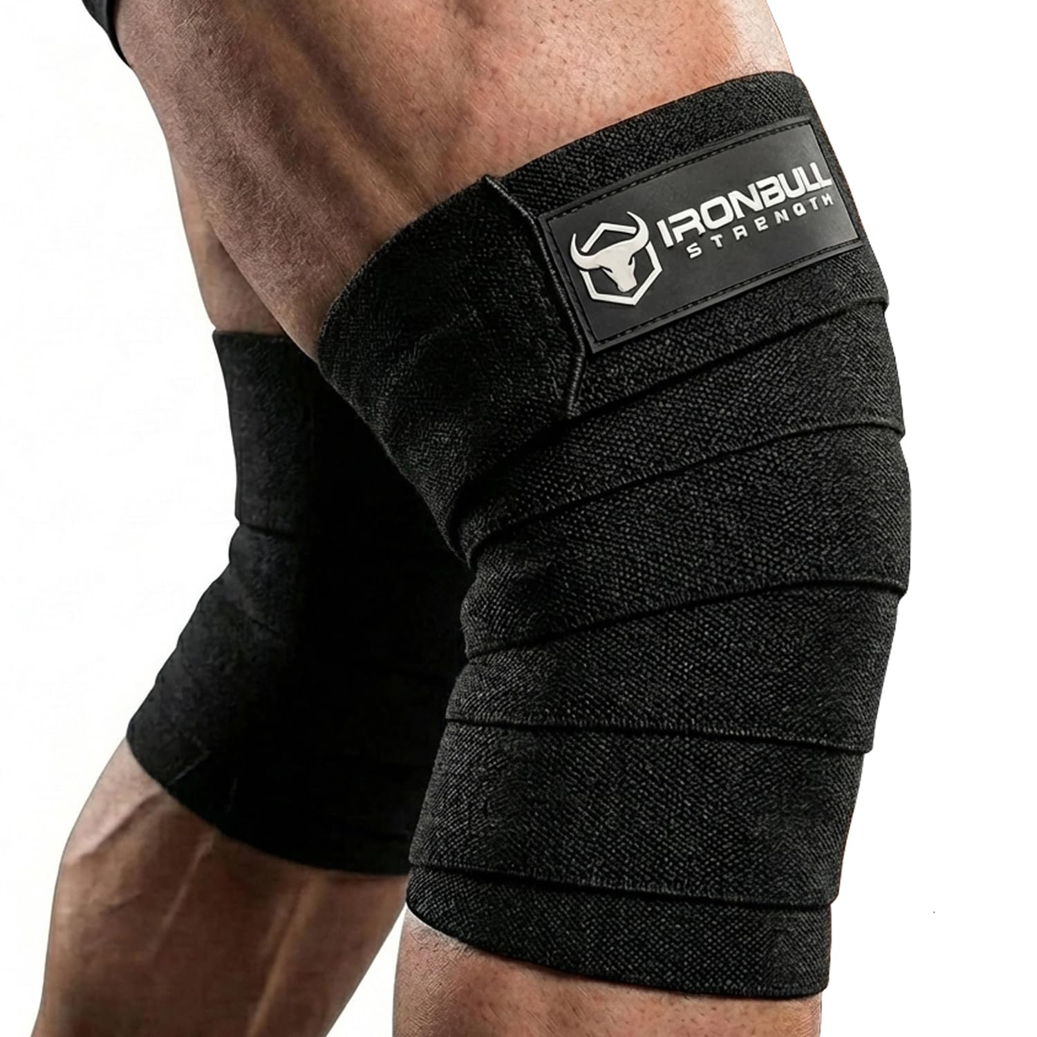 Iron Bull Strength Knee Wraps (1 Pair) - 80" Elastic Knee Support & Compression - For Weightlifting, Powerlifting, Fitness, CrossFit WODs & Gym Workout - Knee Straps for Squats (Black/Black)
