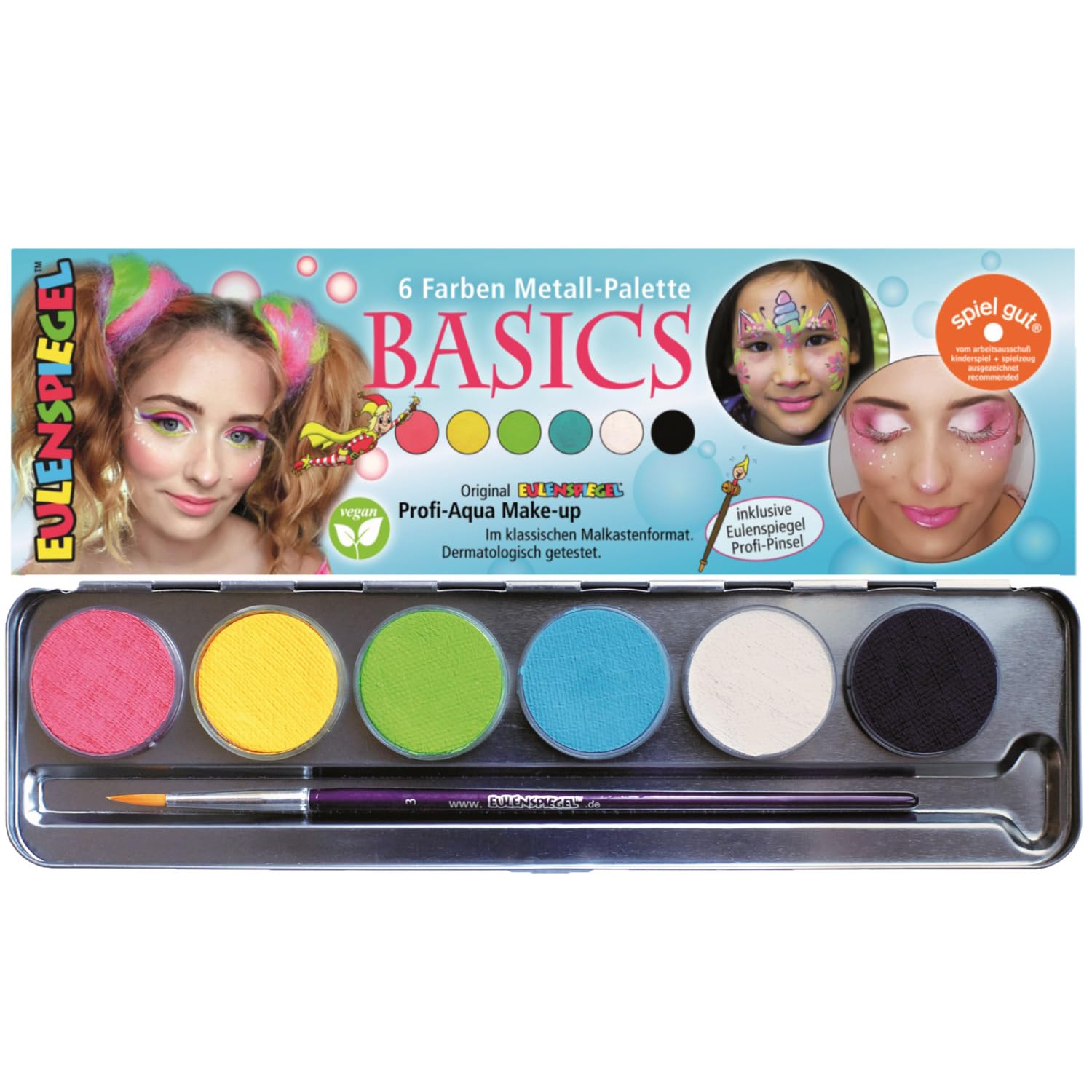 Eulenspiegel 10135869 Basic Makeup Palette 6 Vegan Colors & Brushes, Colourful, 7 Stück (1er Pack)
