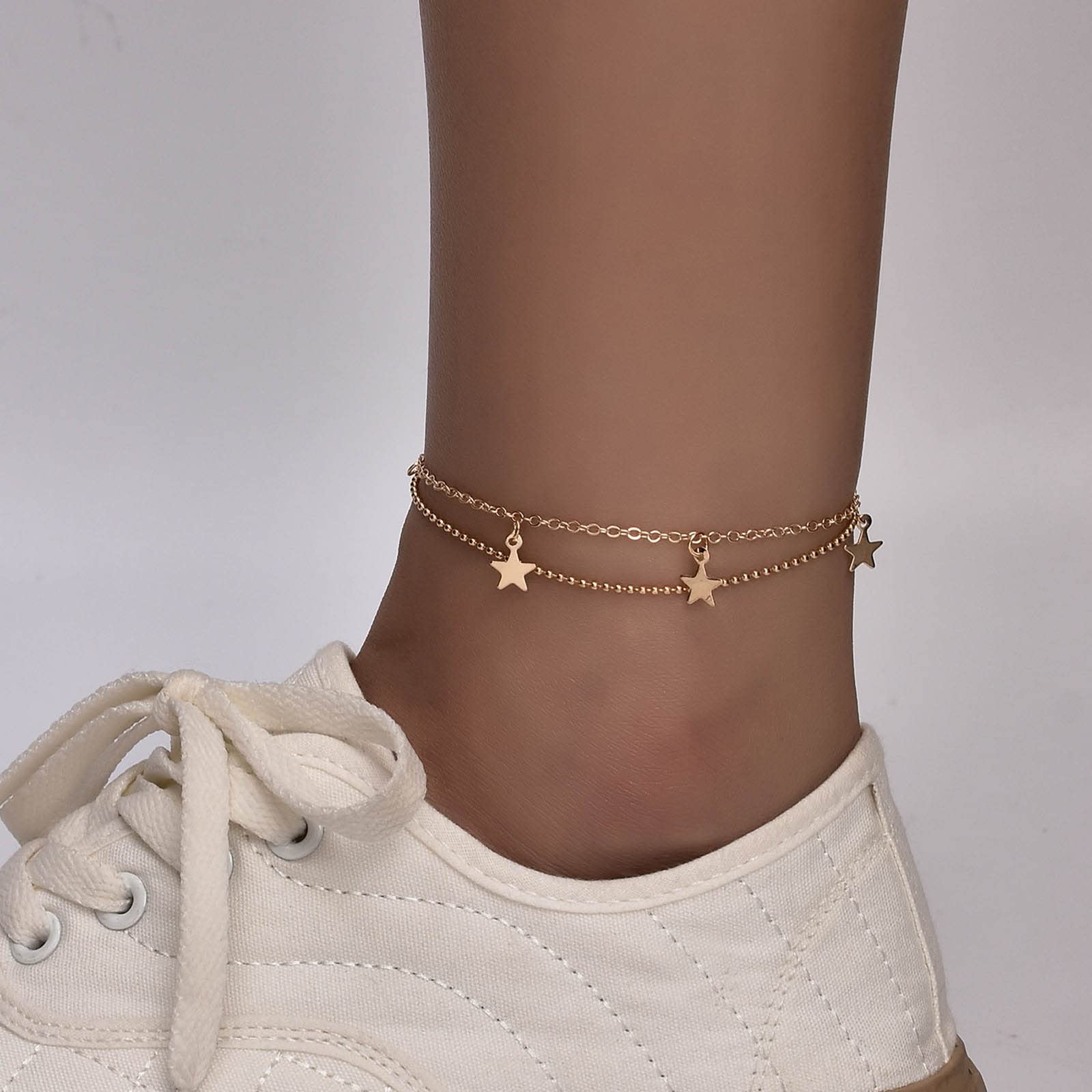 Yienate Boho Layered Star Anklet Bracelet Gold Star Pendant Beads Satellite Anklet Foot Chain Beach Layered Anklets Foot Jewelry Gift for Women Girls