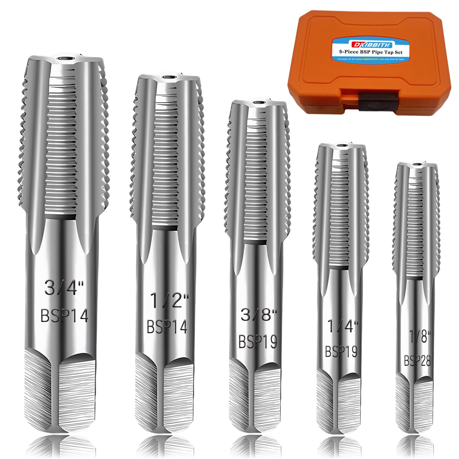 5-Piece BSP Pipe Tap Set, 1/8", 1/4", 3/8", 1/2", 3/4" ¾” BSP Tap Set Carbon Steel Hand Threading Plumbing Tap Set for Accurate Threads, Assorted Plumbers Mechanics DIY Thread Cutting Tools