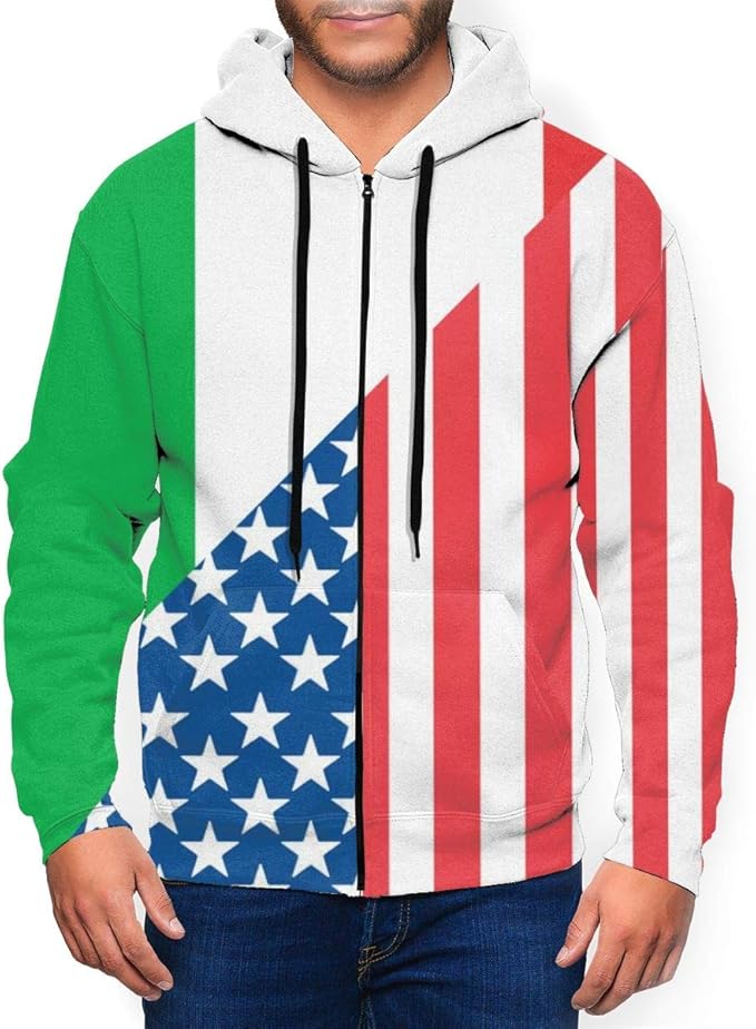 Men's American and Italian Flag Sport Hoodie Stylish FullZip Pullover