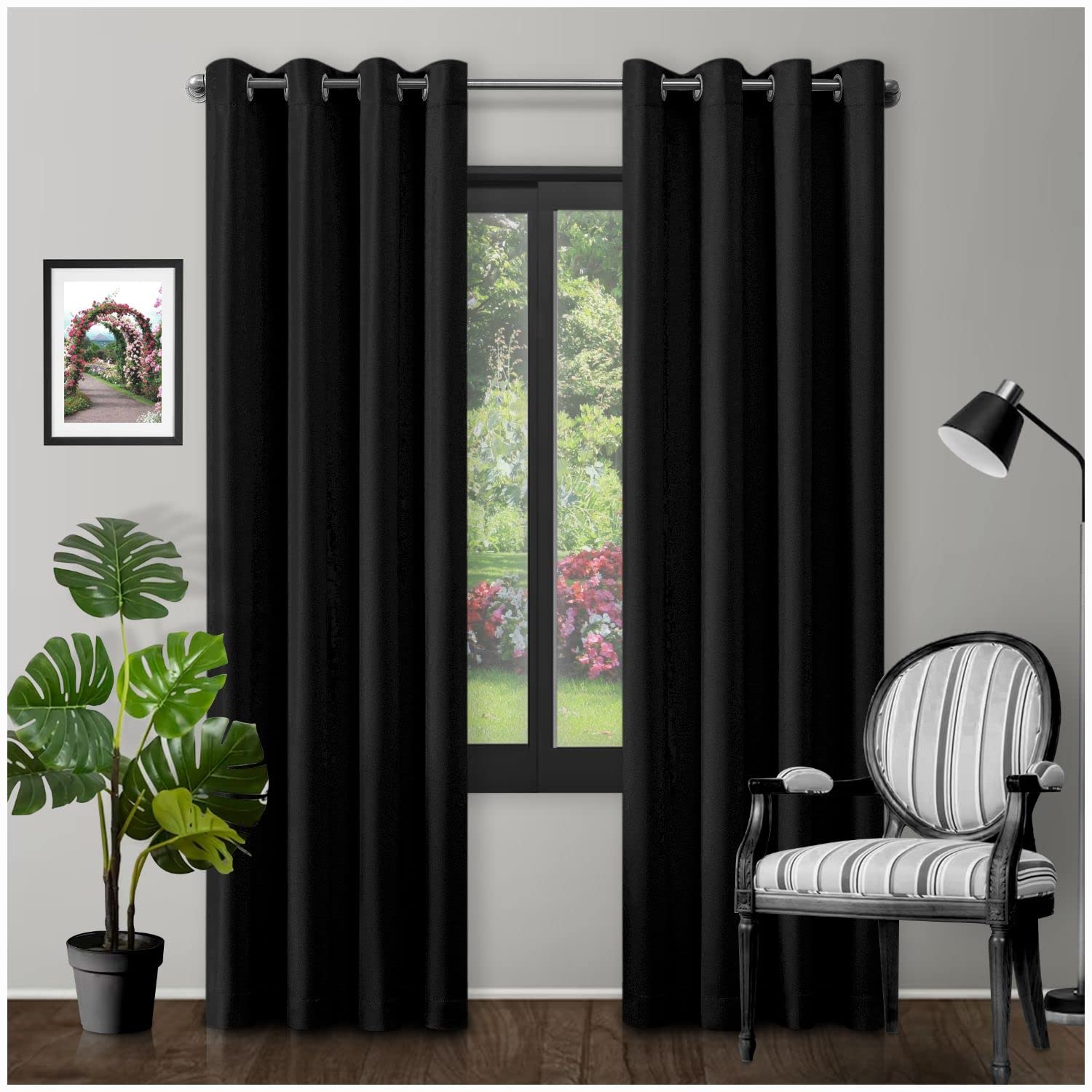 Eyelet Top Blackout Curtains Large Door Thermal Insulated Panels For Bedroom/Living Room, Black, 90X90 Inch