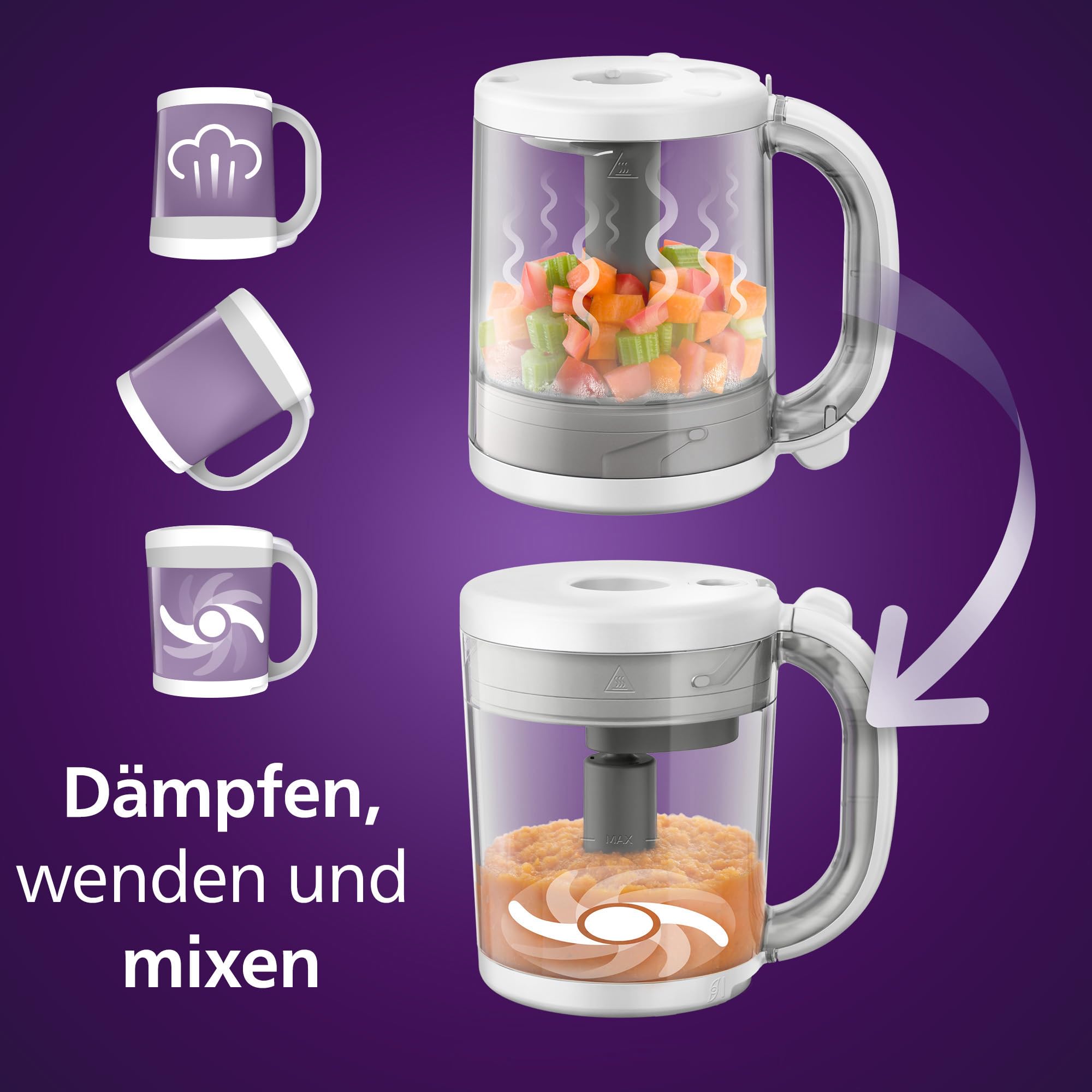 Philips Avent Geschenkset mit Dampfgarer und Mixer – 4-in-1-Babynahrungszubereiter, Dampfgaren, Mixen, Entfrosten und Aufheizen von Babynahrung, mit Milchbehältern und Deckeln, SCF883/20 3