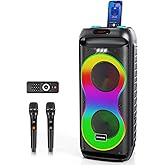 HUABAO Bluetooth Karaoke Speaker with 2 Wireless Microphones – 40W Portable PA System with LED Lights, TWS Pairing, 6.5” Dual Woofers, Rolling Wheels, Rechargeable Battery - for Party/Home/Outdoor