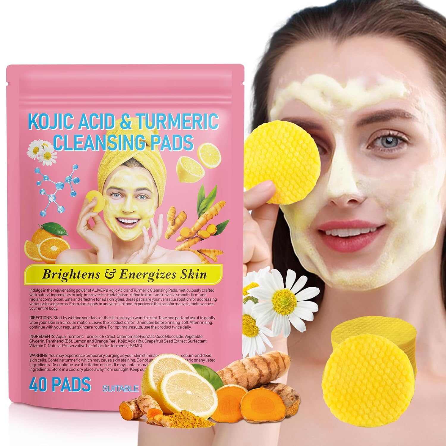 Kojic Acid & Turmeric Cleansing Pads for Face - Natural Ingredients, All Skin Types (40 Pads)