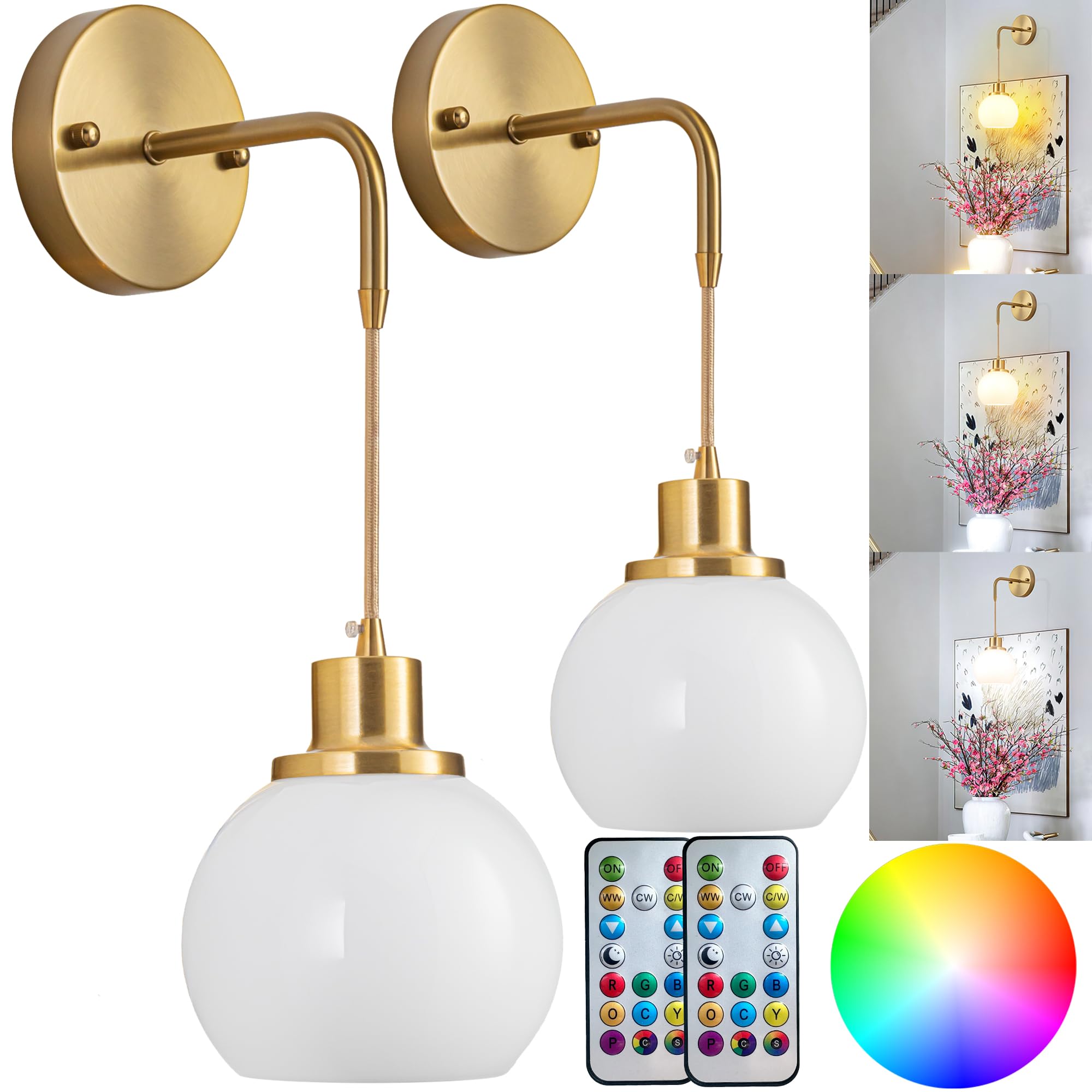 Photo 1 of Wall Sconces Set Of Two Battery Operated Sconces With Remote,Rechargeable Wall Sconce Non Hardwired UP To 50 Hours Long Life,Globe Glass Wall Sconce With RGB light Bulb For Bedroom Living Room