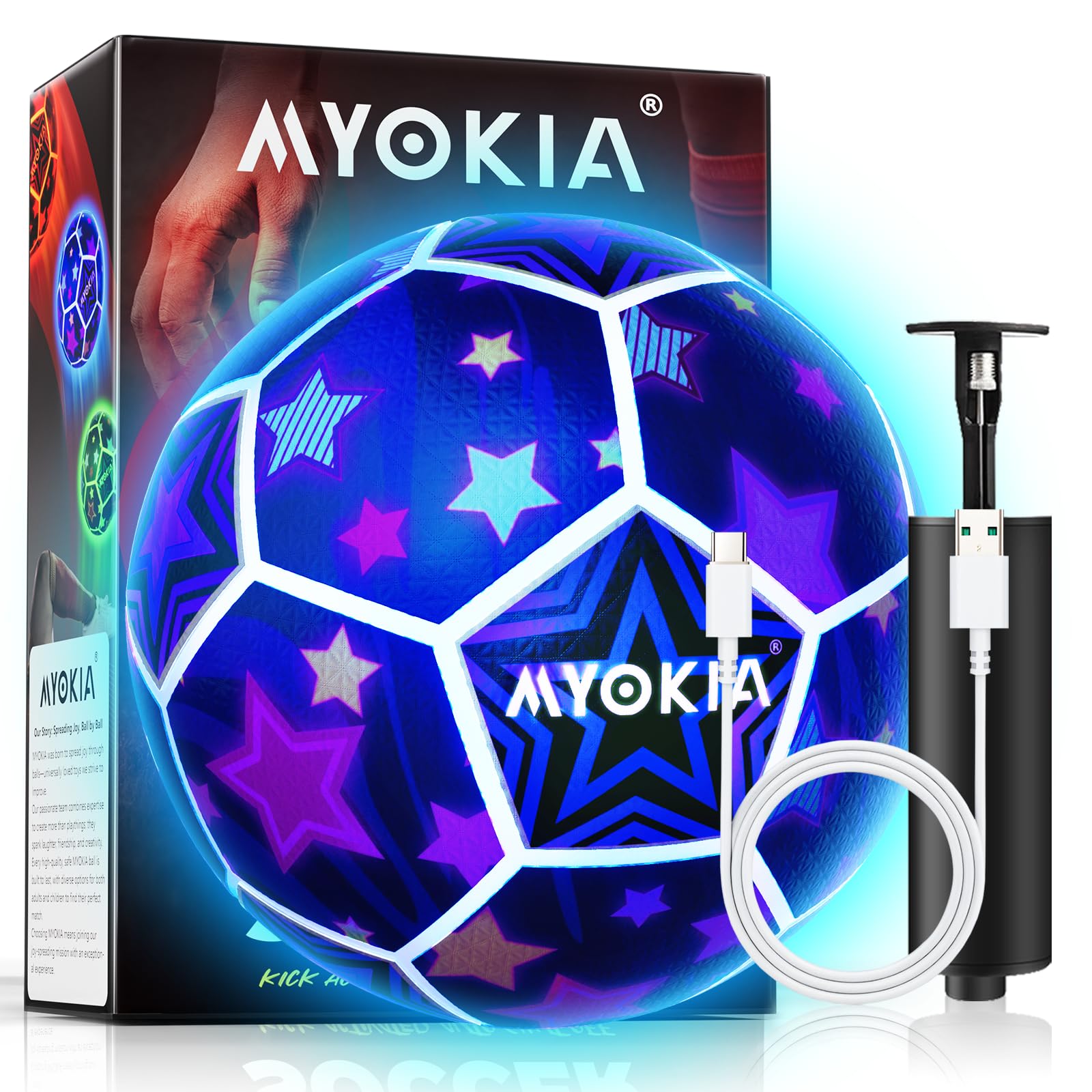 MYOKIA Light Up Soccer Ball Glow in The Dark Size 5 Indoor&Outdoor Sports Gifts Birthday Ideas for 3-15+ Boys, Girls, Teens with Pump & USB Cable, Tri-Color (Red, Green, Blue)，Outdoor Night Games