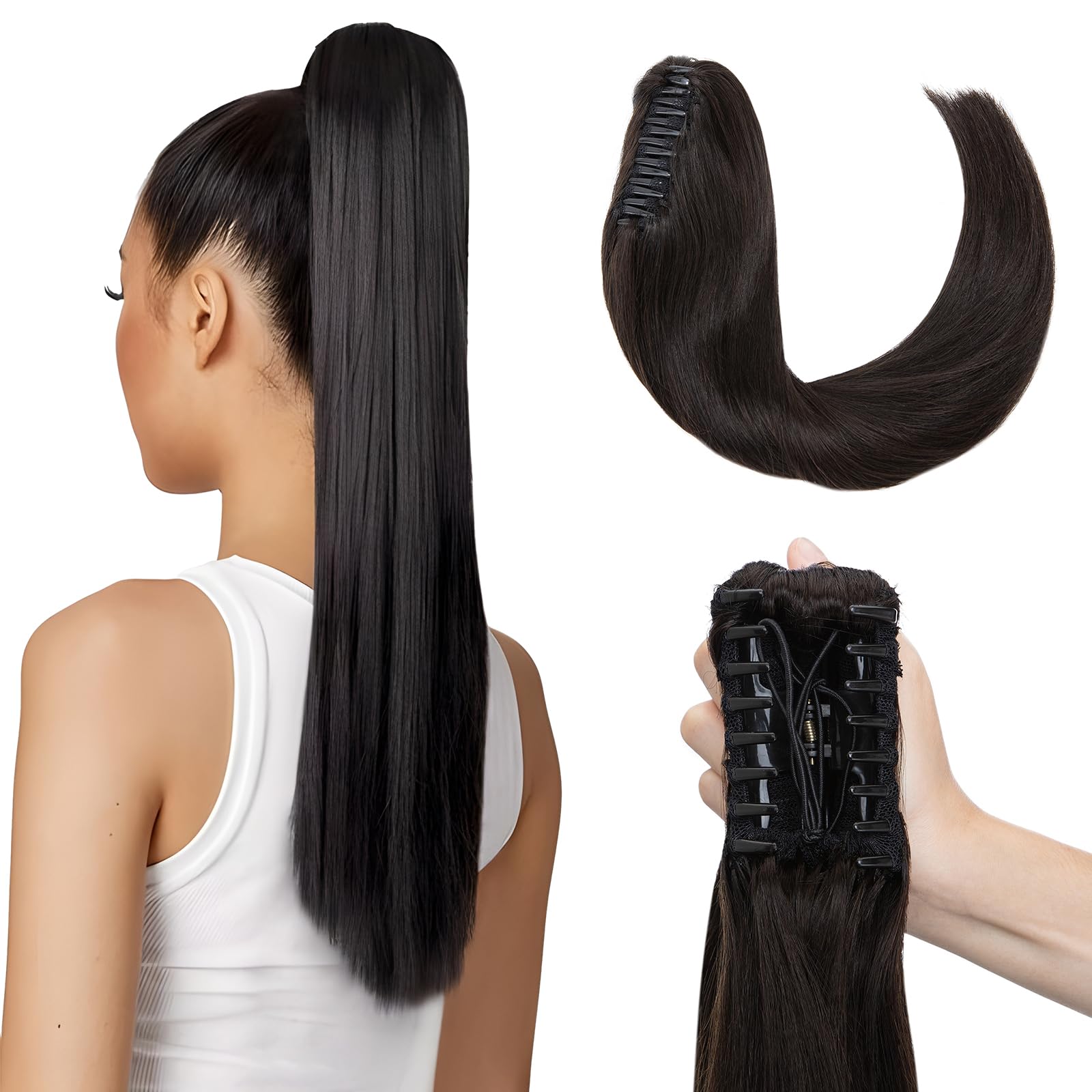 Elailite Ponytail Extension Real Human Hair Claw on Clip Natural HairPiece Straight (#1B Natural Black, 18 Inch) โ image 1