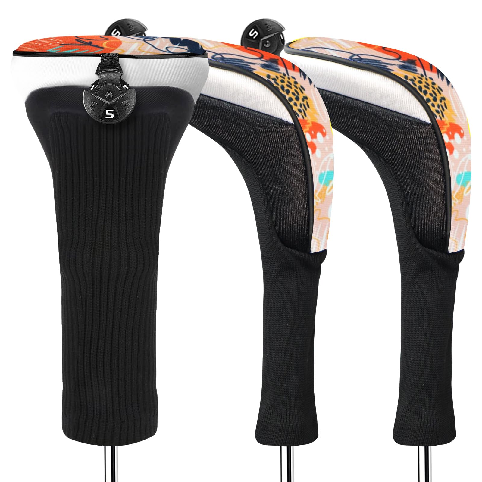 FINGER TEN Golf Club Head Covers Woods Hybrids Long Cover, Headcovers with Interchangeable No. Tags Fit All Hybrids Wood Clubs Light Durable (Orange-3 Pack Hybrid Covers)