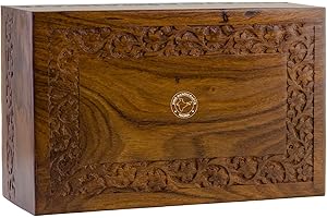 Hind Handicrafts Rosewood Urn Box for Human Ashes Adult | Handmade Wooden Urn with Flower Carvings | Memorial Gift (Medium: 7