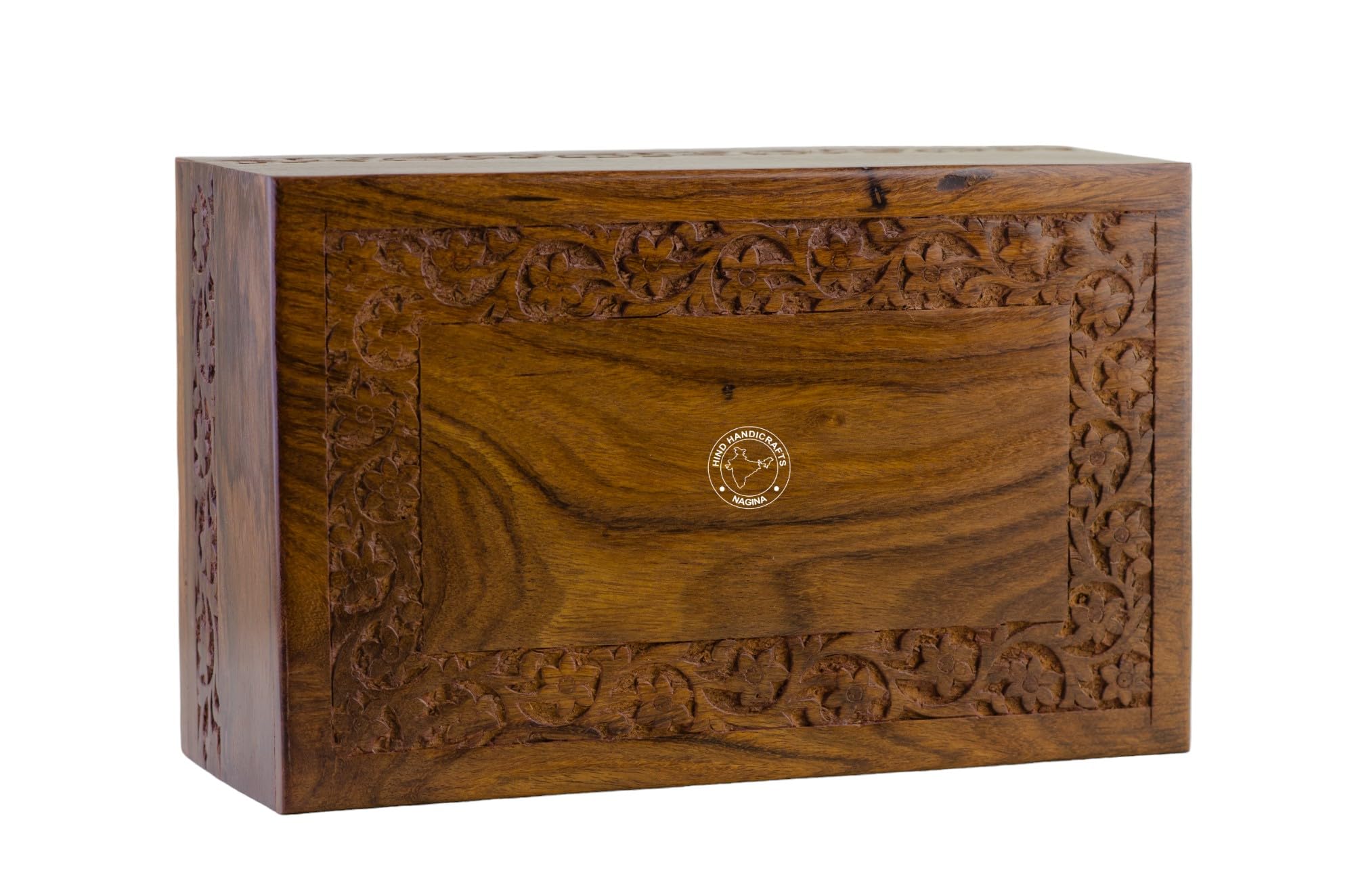 Handmade Rosewood Cremation Urn Box for Human Ashes Adult – Hand-Carved Funeral Memorial Keepsake with Floral Engraving, Wooden Burial Urn (Large : 9" x 5.5" x 4.5" - 180lbs or 72kg, Natural)