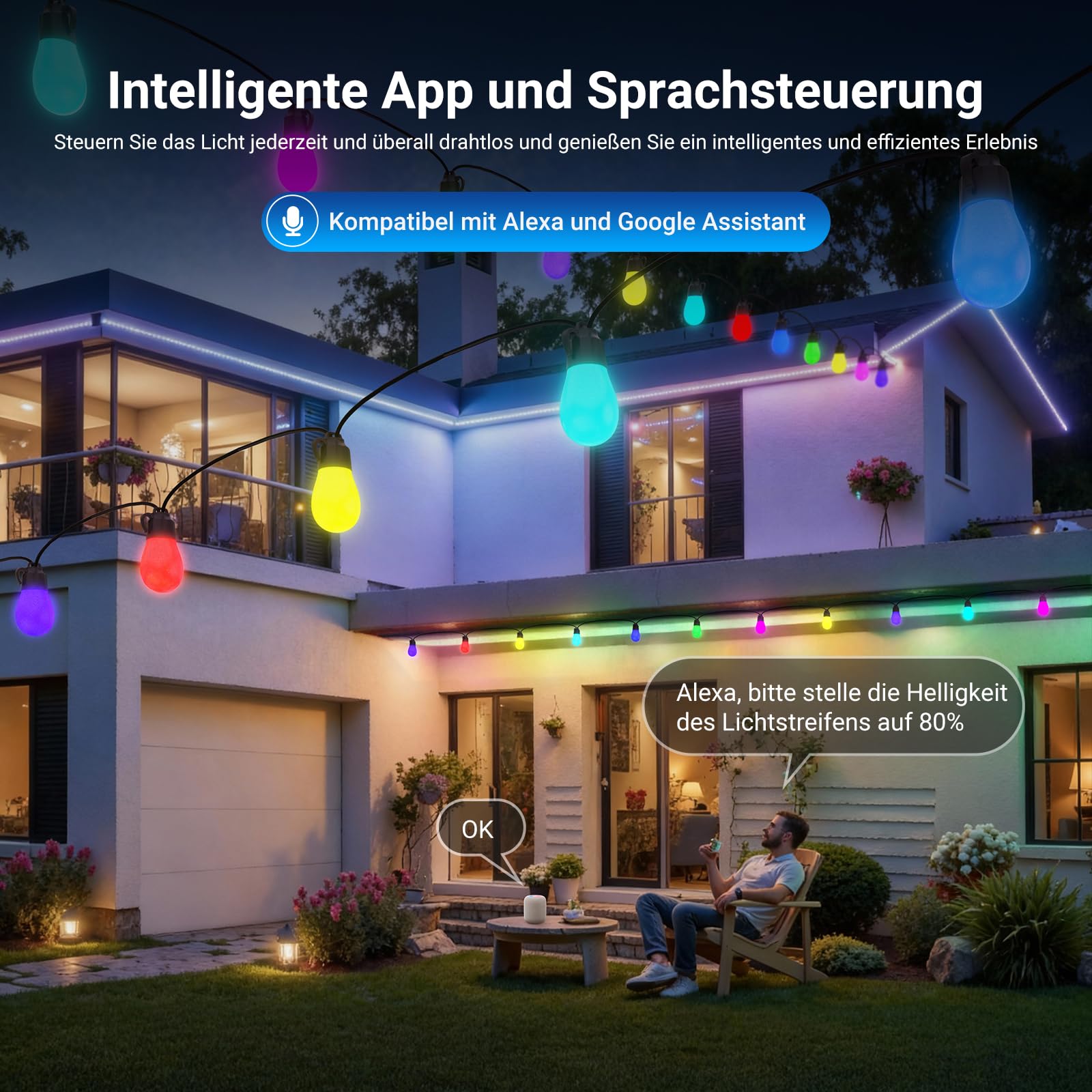 NEEWER 96ft Außen Lichterkette, App Steuerung Smart AI RGBW, dimmbar zum Aufhängen im Außenbereich Balkon, IP65 Wasserdicht, 30 LED Lampen/50+ Szenen/2700–6500K, kompatibel mit Alexa Google, NR01 4