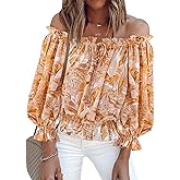 BLENCOT Summer Sexy Off Shoulder Tops for Women Boho Ruffle Sleeve Floral Chiffon Shirts Blouses