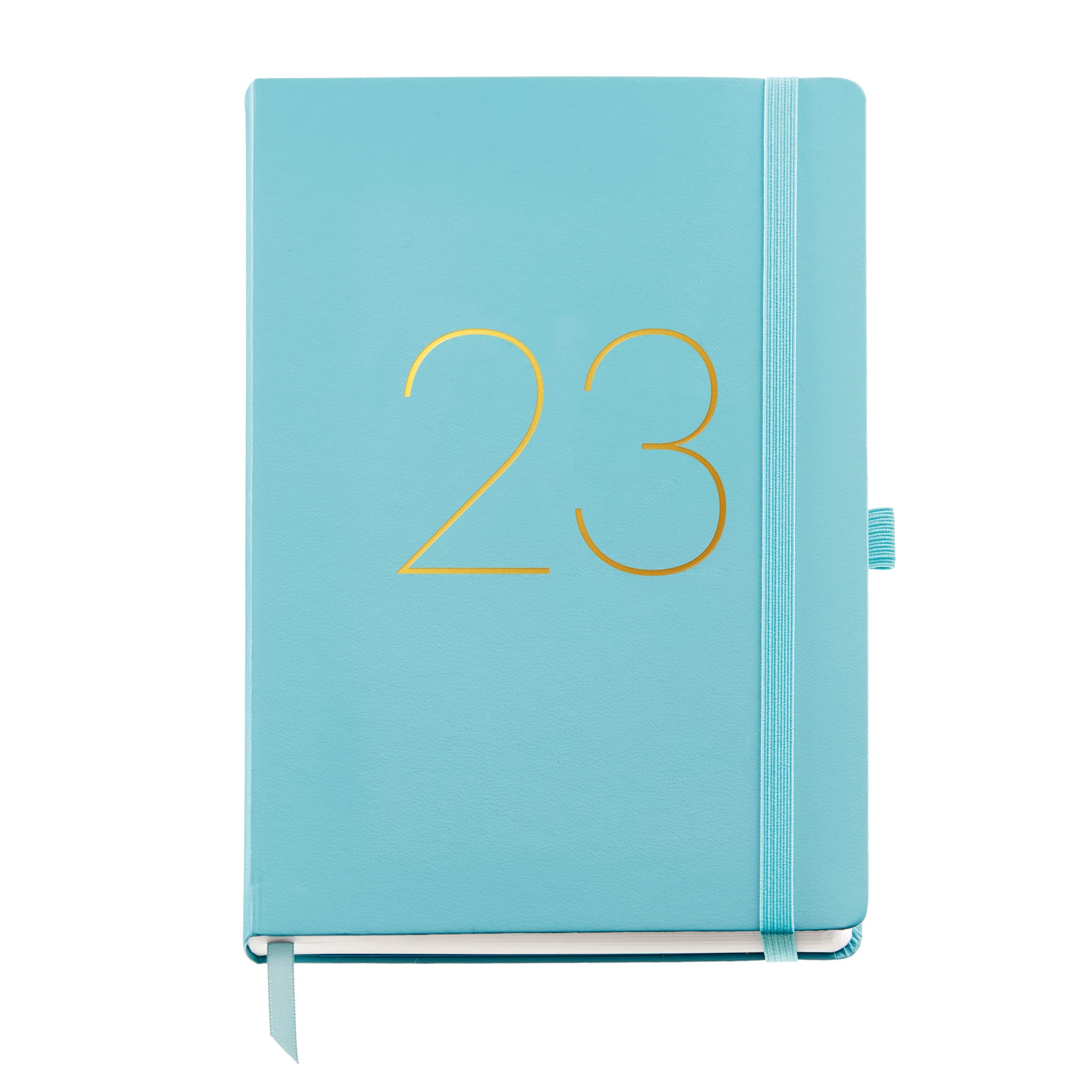Miquelrius - Year Planner 2023 – Day Page – Plus Size 155 x 213 mm (approx. A5) – Hard Stitched Leather Cover – Elastic Rubber – Spanish, English and Portuguese – Aquamarine