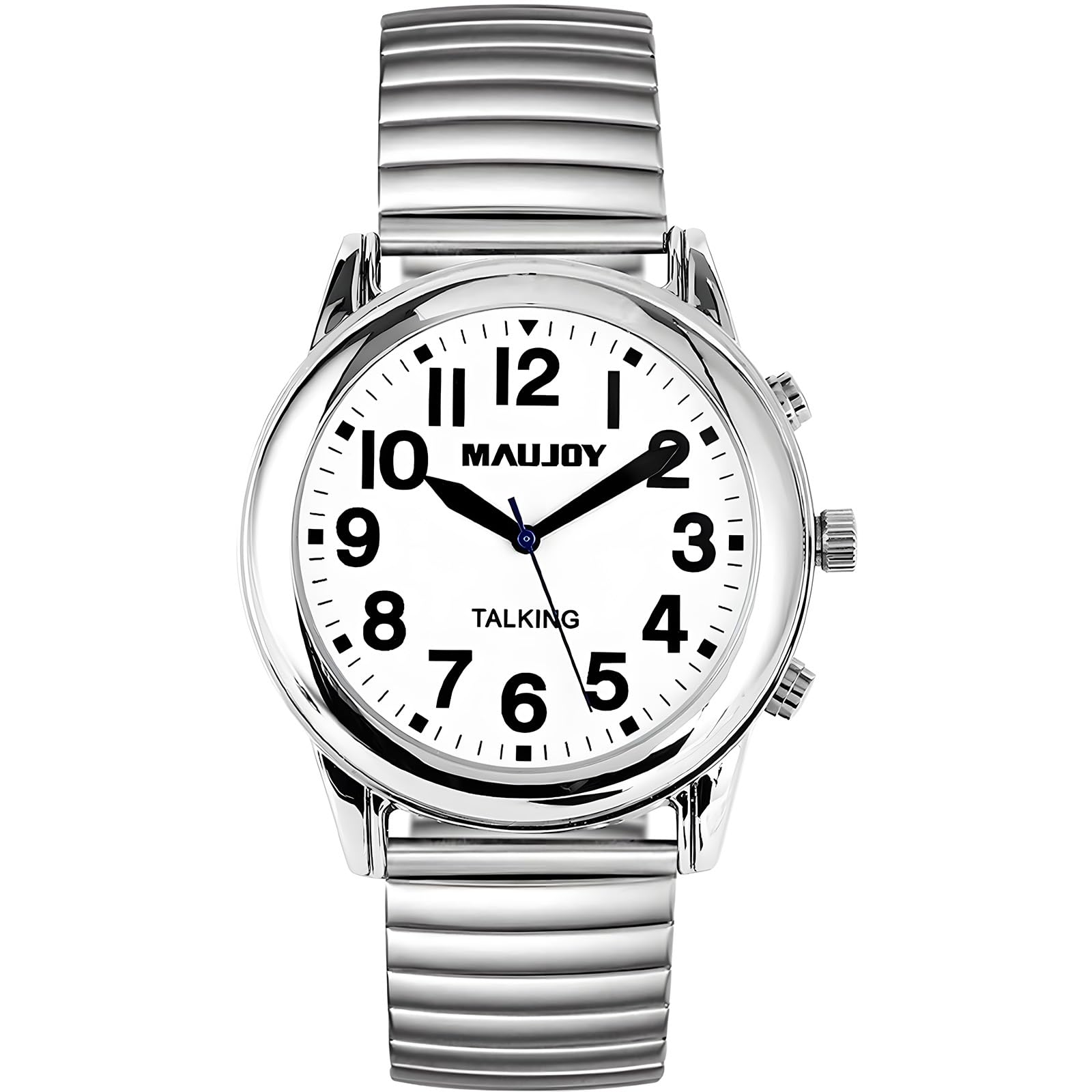 MAUJOY Men's English Talking Watch(Stainless Steel Expandable Strap) Loud Sound, Large Numbers & Bold Hands, Ideal for Elderly, Low Vision & Visually Impaired
