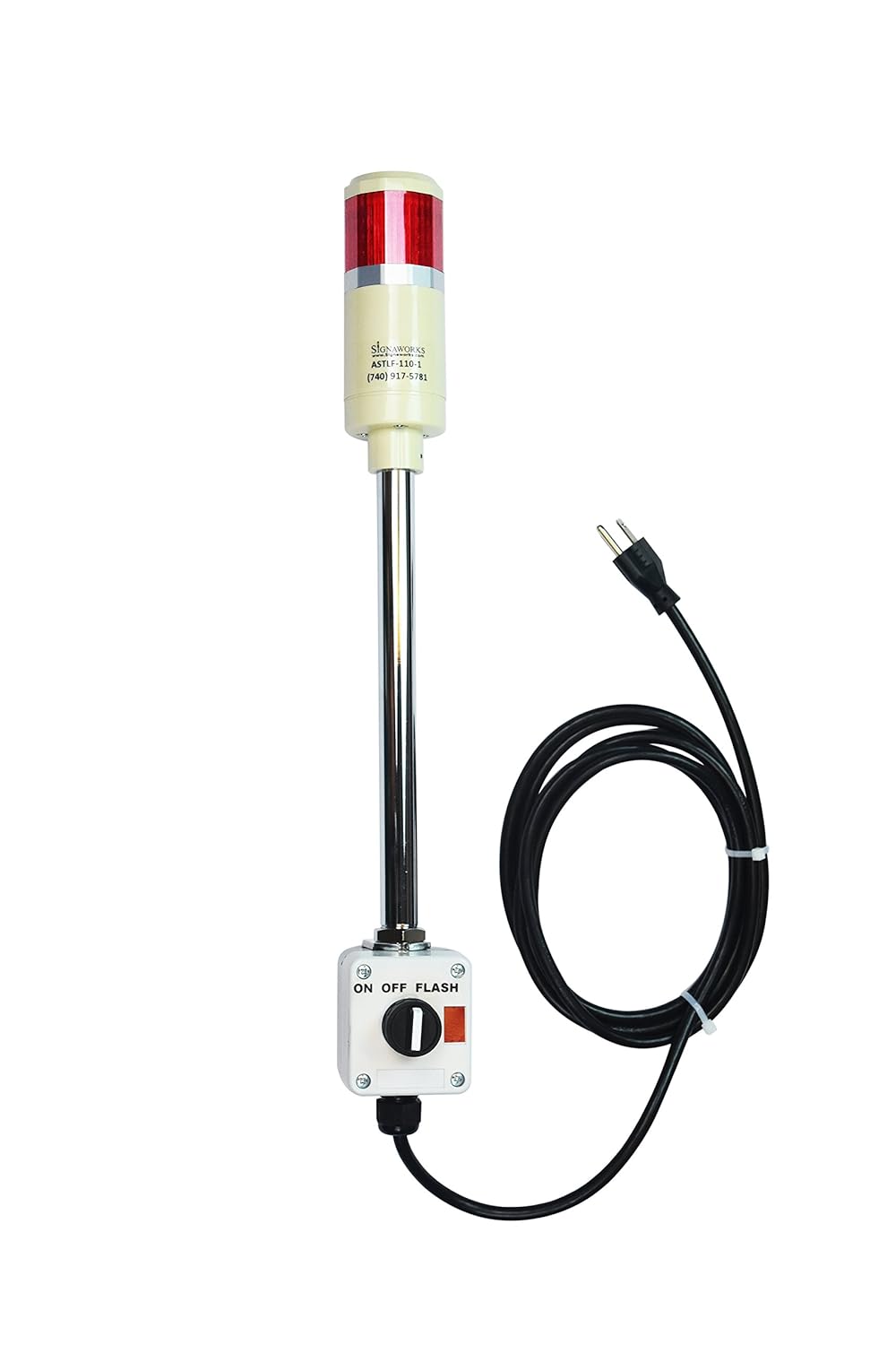 Signaworks 1 Stack Red LED Andon Tower Light, 3 Pos OnOffFlash, 8 ft