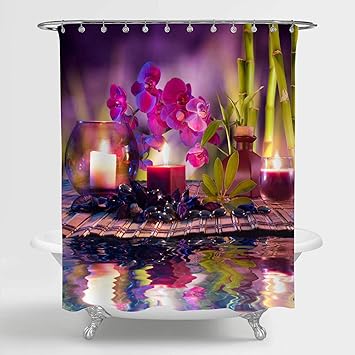 Amazon Com Mitovilla Japanese Zen Garden Shower Curtain Set With Hooks For Asian Themed Bathroom Decor Plumeria Flowers In Fountain With Massage Stones And Bamboo Bathroom Accessories Purple 72 W X 72 L