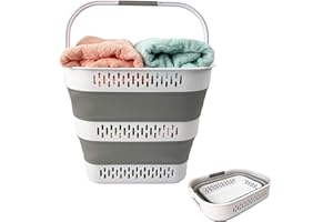 SAMMART 38L(10 Gal) Collapsible Laundry Basket - Foldable Pop-Up Storage Container/Organizer-Portable Space Saving Hamper, Measure 17.5x13.3x15.7/3.8" Expanded/Collapsed (1, White/Grey)