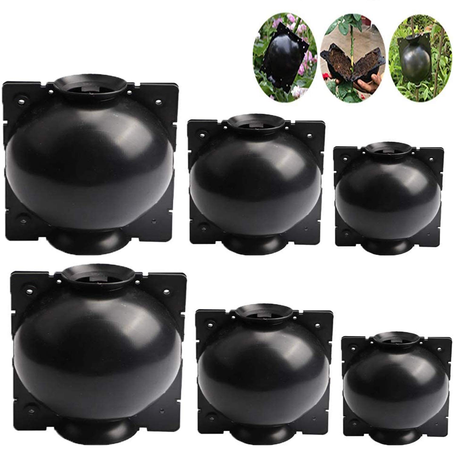 6Pcs Assisted Cutting Rooting Device, Reusable Root Growing Box, High Pressure Propagation Ball & Air-Layering Pod, Box Grafting for Garden Black (2S+2M+2L)