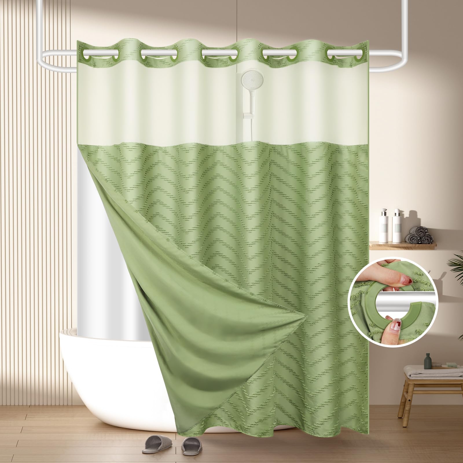 FADOTY No Hook Shower Curtain and Snap in Liner Set Sage Green Tufted Chevron Striped Cloth Waterproof Washable Fabric Boho Modern Bath Curtain See Through Mesh Top Window for Bathroom Hotel 71" x 86"