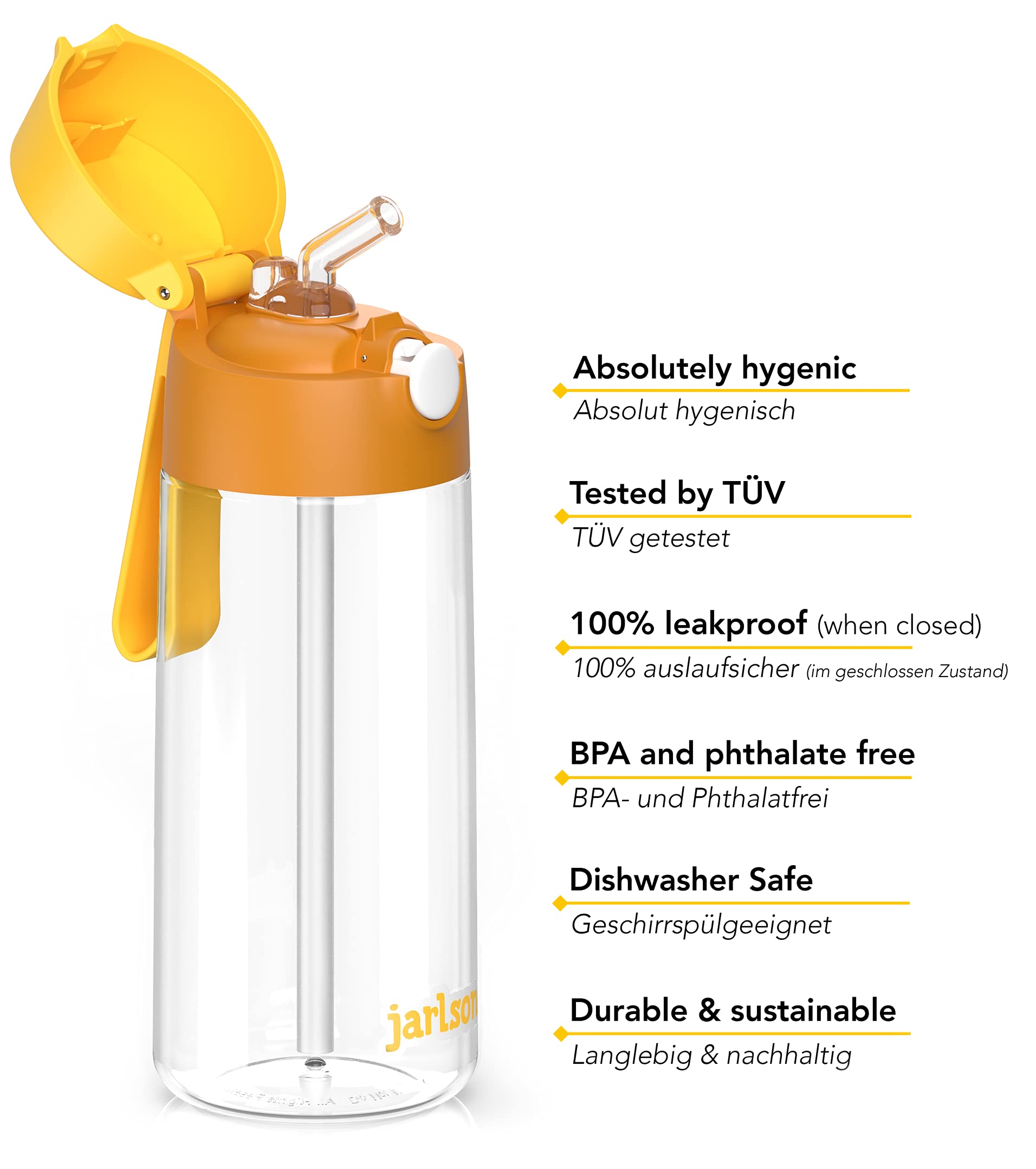Jarlson® Trinkflasche Kinder Tritan Emi [MIT STROHHALM] - Auslaufsichere Wasserflasche - Kindertrinkflasche Schule & Kindergarten - Water Bottle Kids - BPA Freie Flasche - Kinderflasche (500ml Gelb) 3