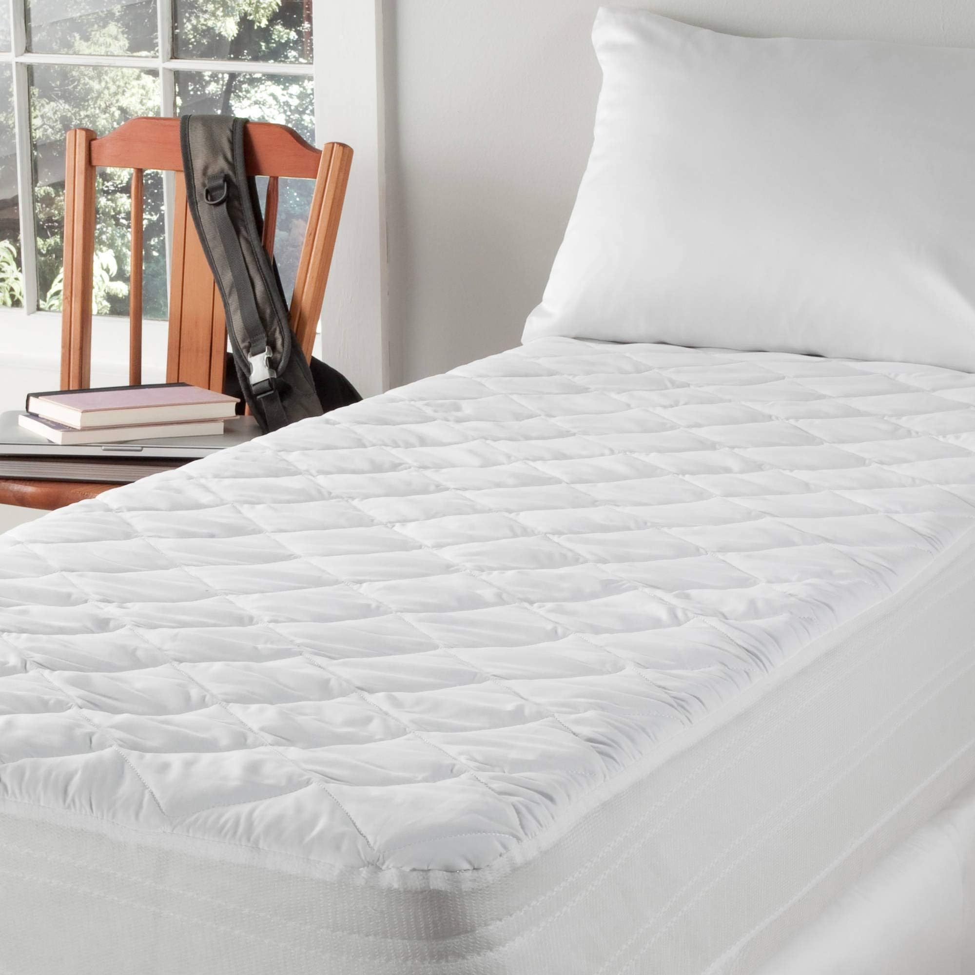 DOWNLITETwin XL Dorm Mattress Pad & Cover โ Waterproof w/Comfortable Polyester Filling, Machine Washable & Dryable โ Fits Mattresses 9โ to 18โ TallOEKO-TEX STANDARD 100