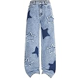 BEAUDRM Girl's Graphic Baggy Jeans Y2k Ripped Straight Leg Denim Pants with Pockets