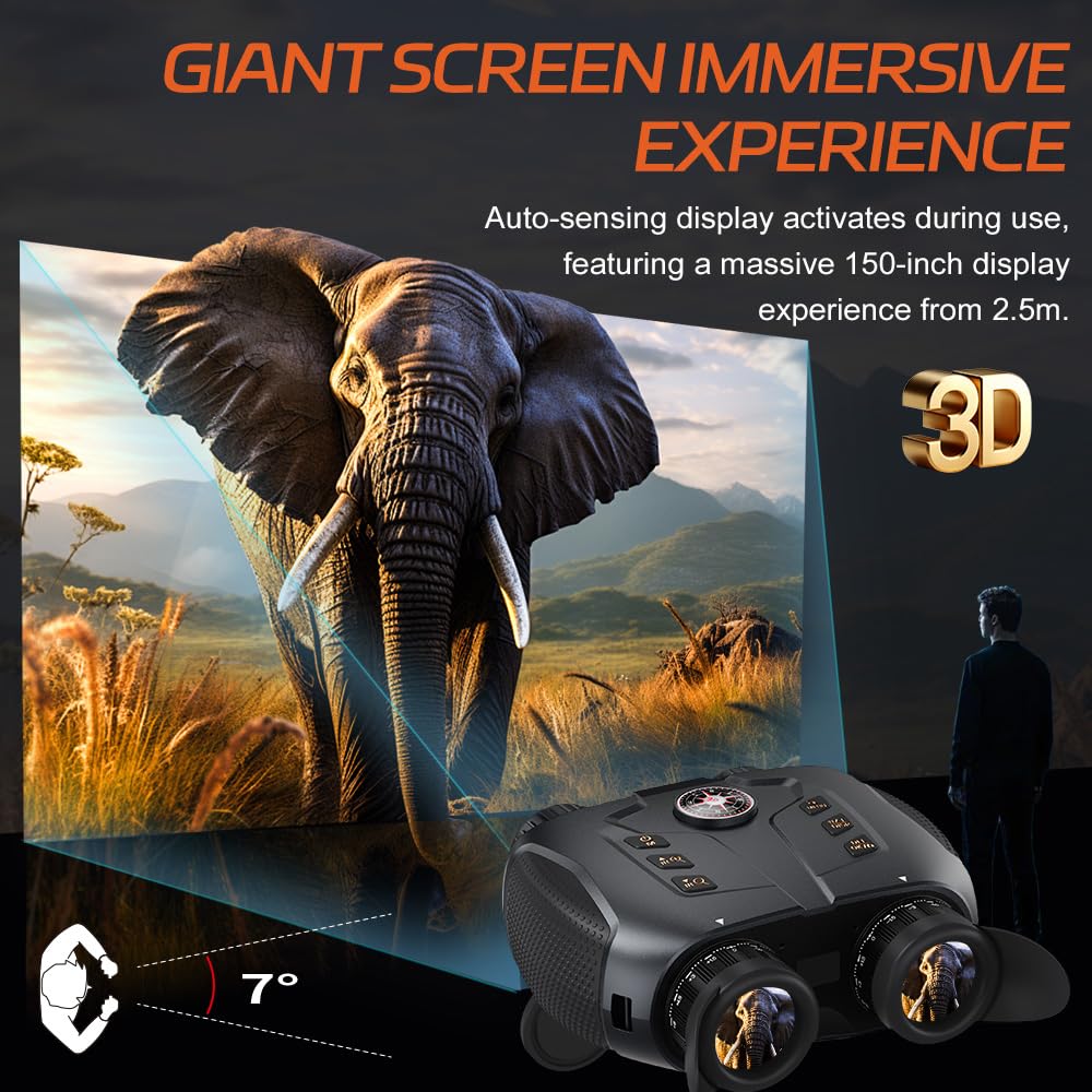 3D VR Night Vision Goggles with Electronic Compass, Rechargeable Binoculars Featuring 6X Digital Zoom, 150-Inch Screen Equivalent, Dual-Lens Diopter Adjustment